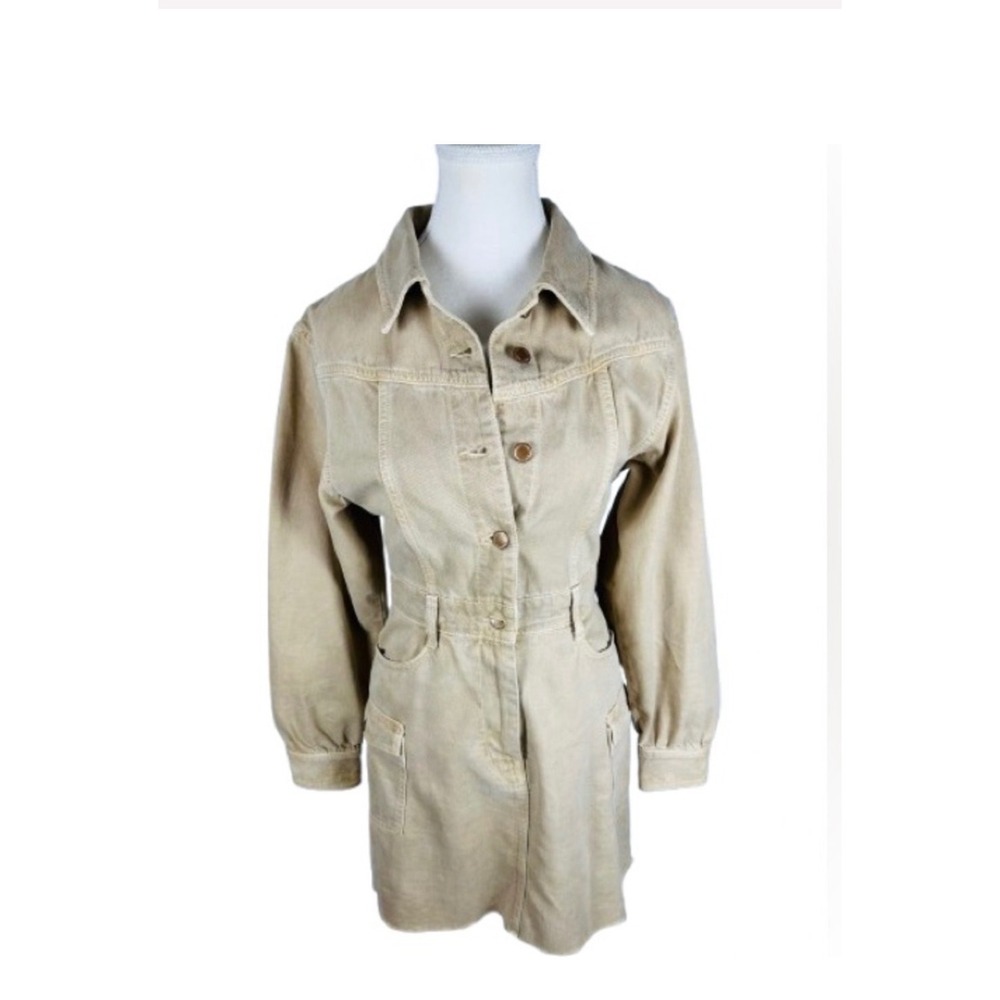 Zara Tan‎ Denim Button Front Mini Dress Long Sleeve Distressed Hem Khaki Small